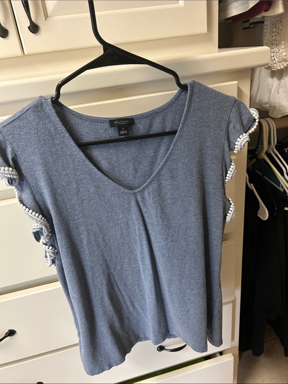 Ann Taylor Heather Blue V-Neck Short Sleeve Top with Trim Detail,